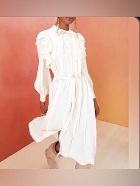 Ulla Johnson Ivory Ruffle-Shoulder Midi Dress with Tie Neck